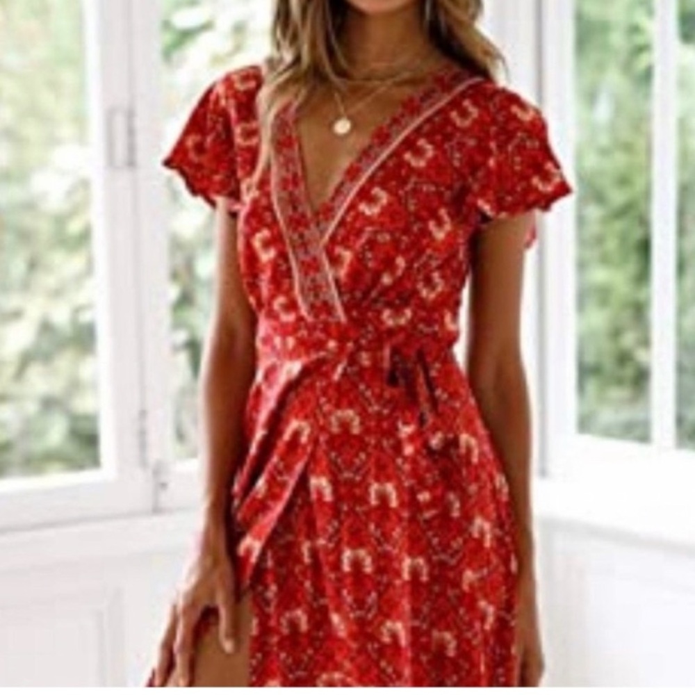 Red Floral Wrap Dress with Short Sleeves